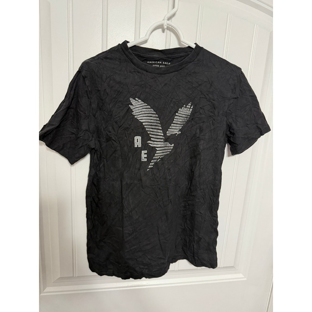 American Eagle T-Shirt Mens XS Super Soft Standard Fit Graphic Logo Black EUC
